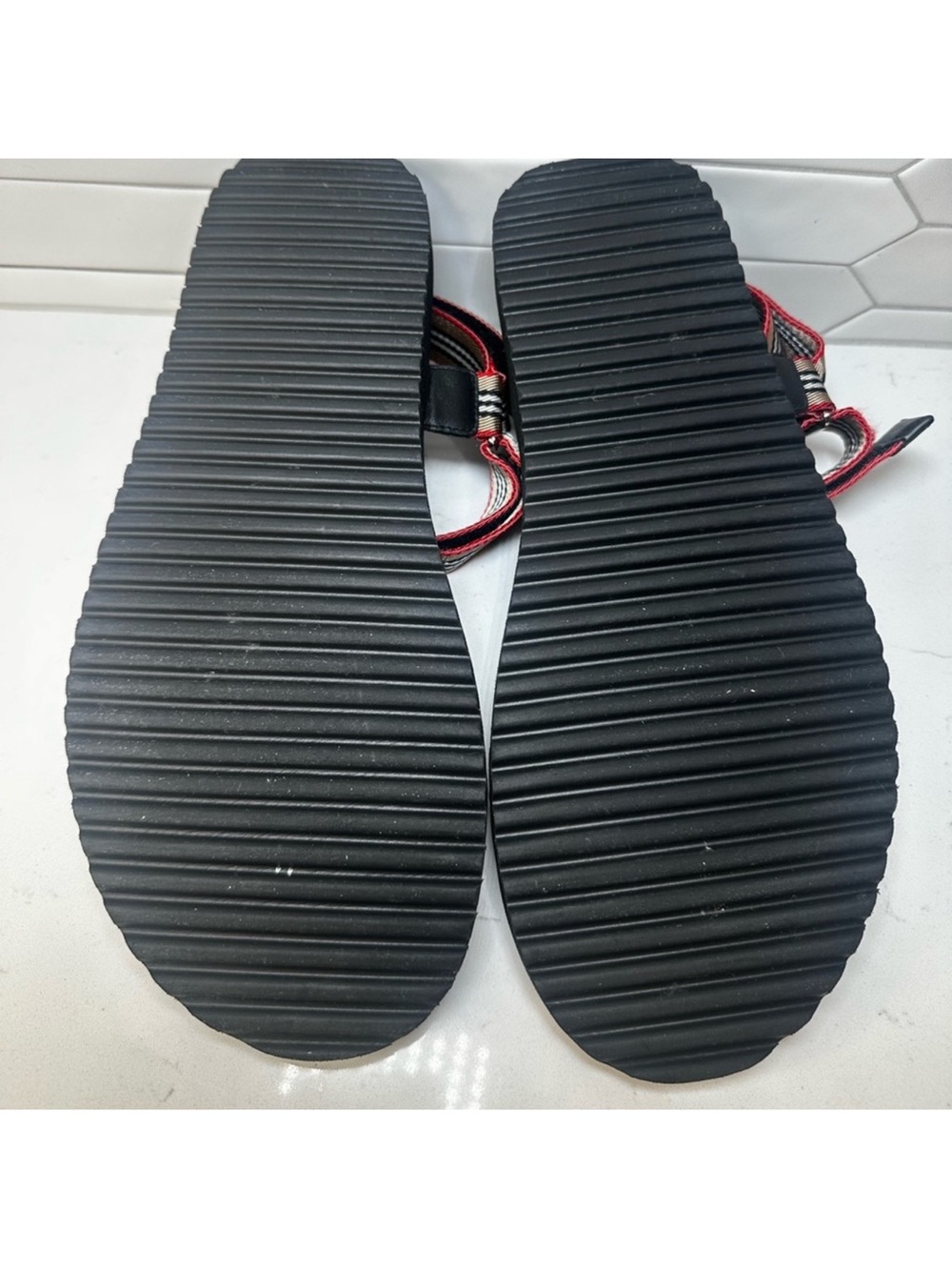 Burberry Black Sandals with Beige and Red Striped Webbing - Picture 8 of 8
